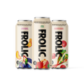 Three cans of Frolic sparkling water with fruit illustrations on a white background